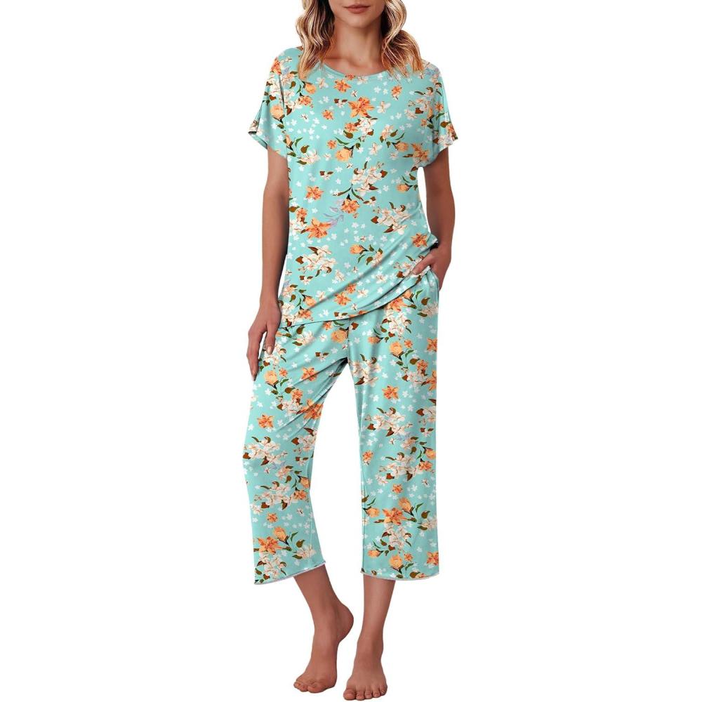 imageEkouaer Womens Capri Pajama Sets Print Short Sleeve Sleepwear Top and Capri Pants Soft Loungewear with PocketGreen Flowers