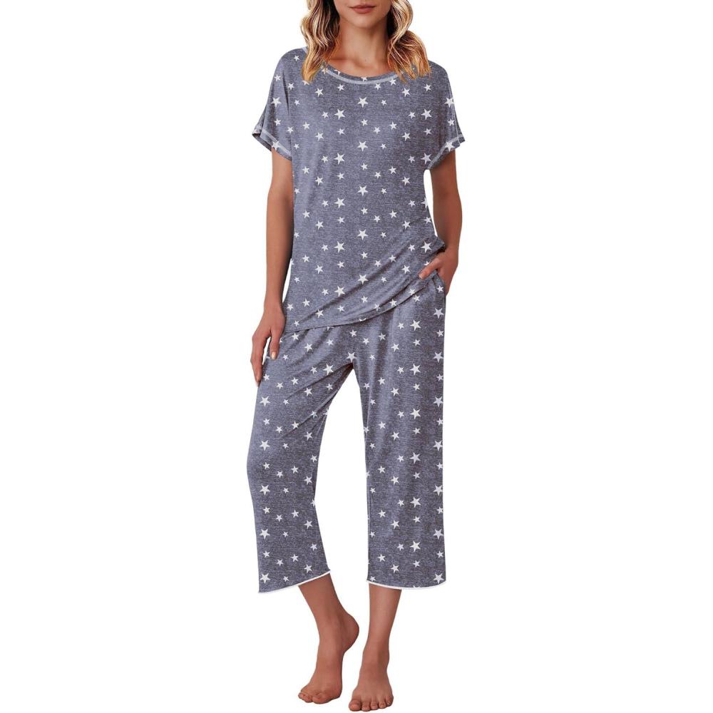 imageEkouaer Womens Capri Pajama Sets Print Short Sleeve Sleepwear Top and Capri Pants Soft Loungewear with PocketGrey White Star
