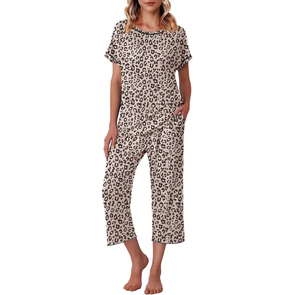 imageEkouaer Womens Capri Pajama Sets Print Short Sleeve Sleepwear Top and Capri Pants Soft Loungewear with PocketKhaki Leopard Print