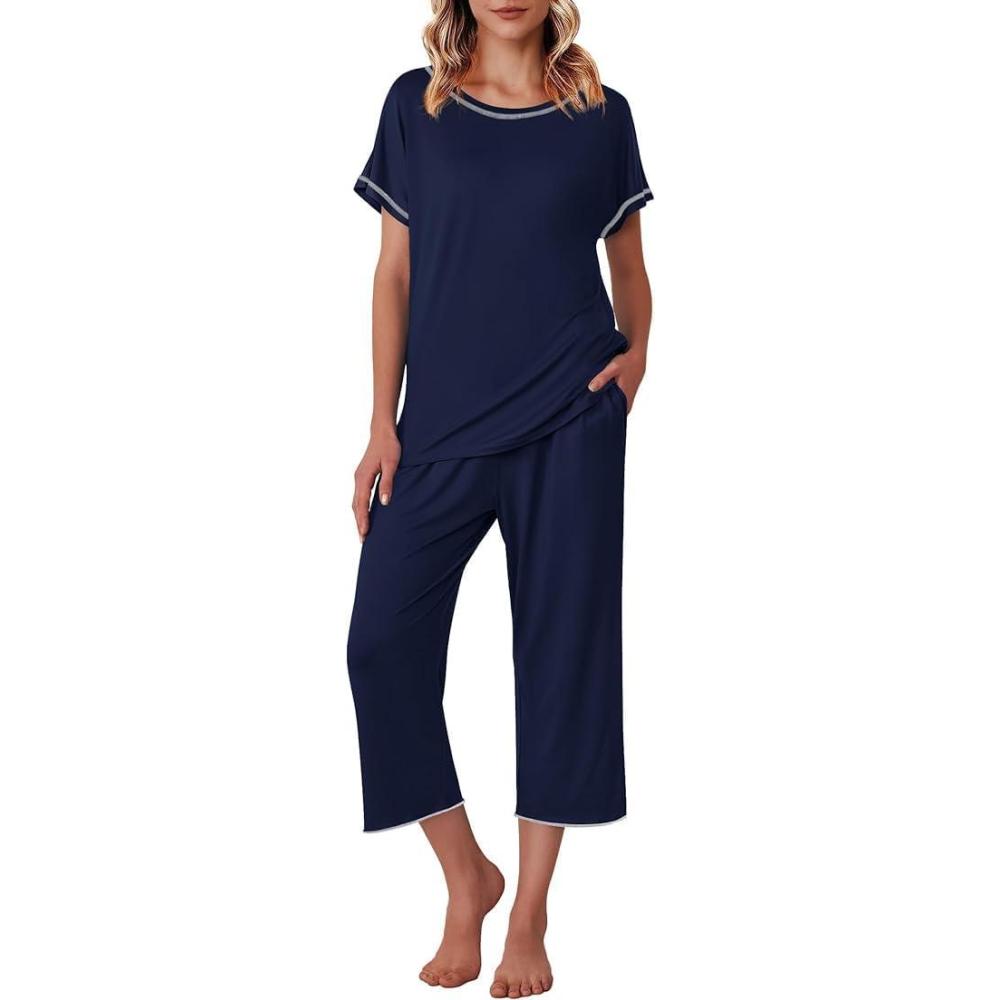 imageEkouaer Womens Capri Pajama Sets Print Short Sleeve Sleepwear Top and Capri Pants Soft Loungewear with PocketNavy Blue