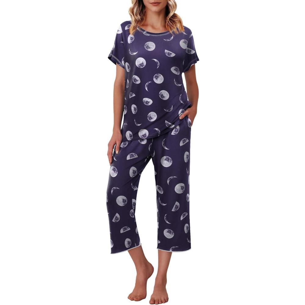 imageEkouaer Womens Capri Pajama Sets Print Short Sleeve Sleepwear Top and Capri Pants Soft Loungewear with PocketNavy Blue Moon