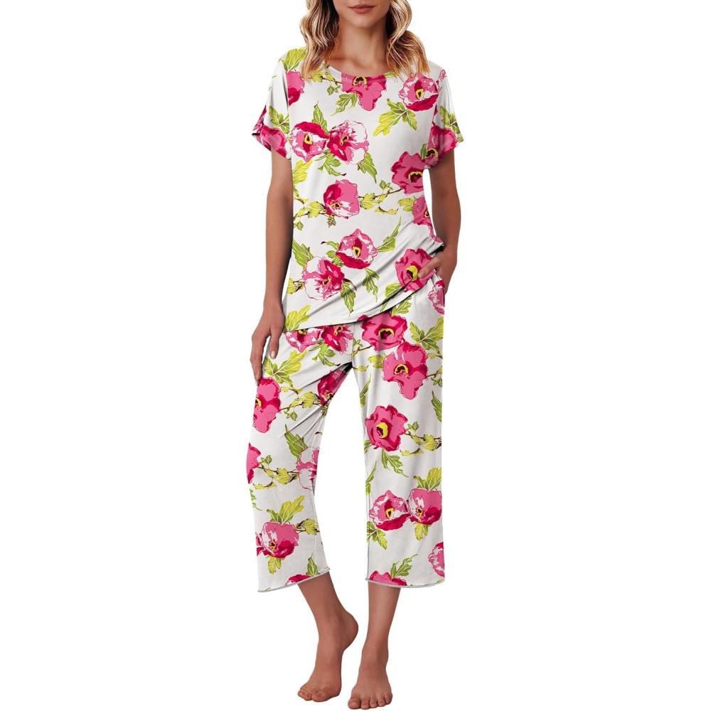 imageEkouaer Womens Capri Pajama Sets Print Short Sleeve Sleepwear Top and Capri Pants Soft Loungewear with PocketPink Big Flowers