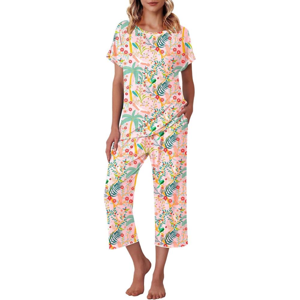 imageEkouaer Womens Capri Pajama Sets Print Short Sleeve Sleepwear Top and Capri Pants Soft Loungewear with PocketPink Flower and Bird Print