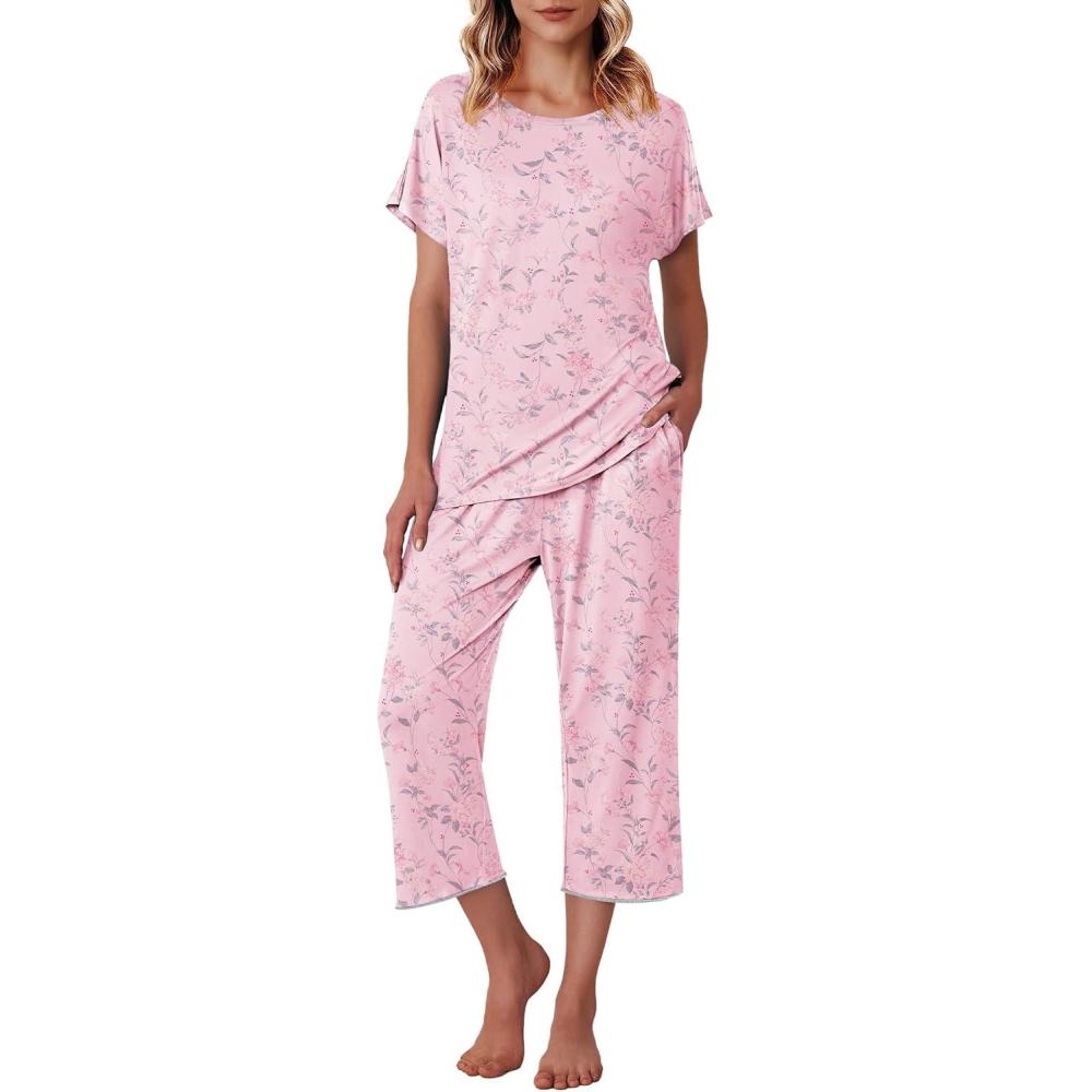imageEkouaer Womens Capri Pajama Sets Print Short Sleeve Sleepwear Top and Capri Pants Soft Loungewear with PocketRoes Flowers