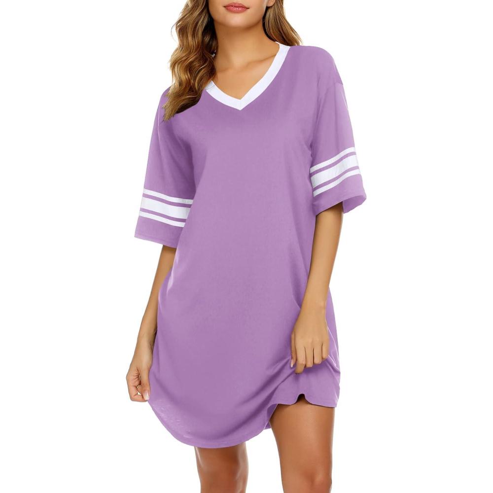 imageEkouaer Womens Nightgown Cotton Sleepwear Short Sleeve Sleep Shirt V Neck Color Block NightshirtAlilac