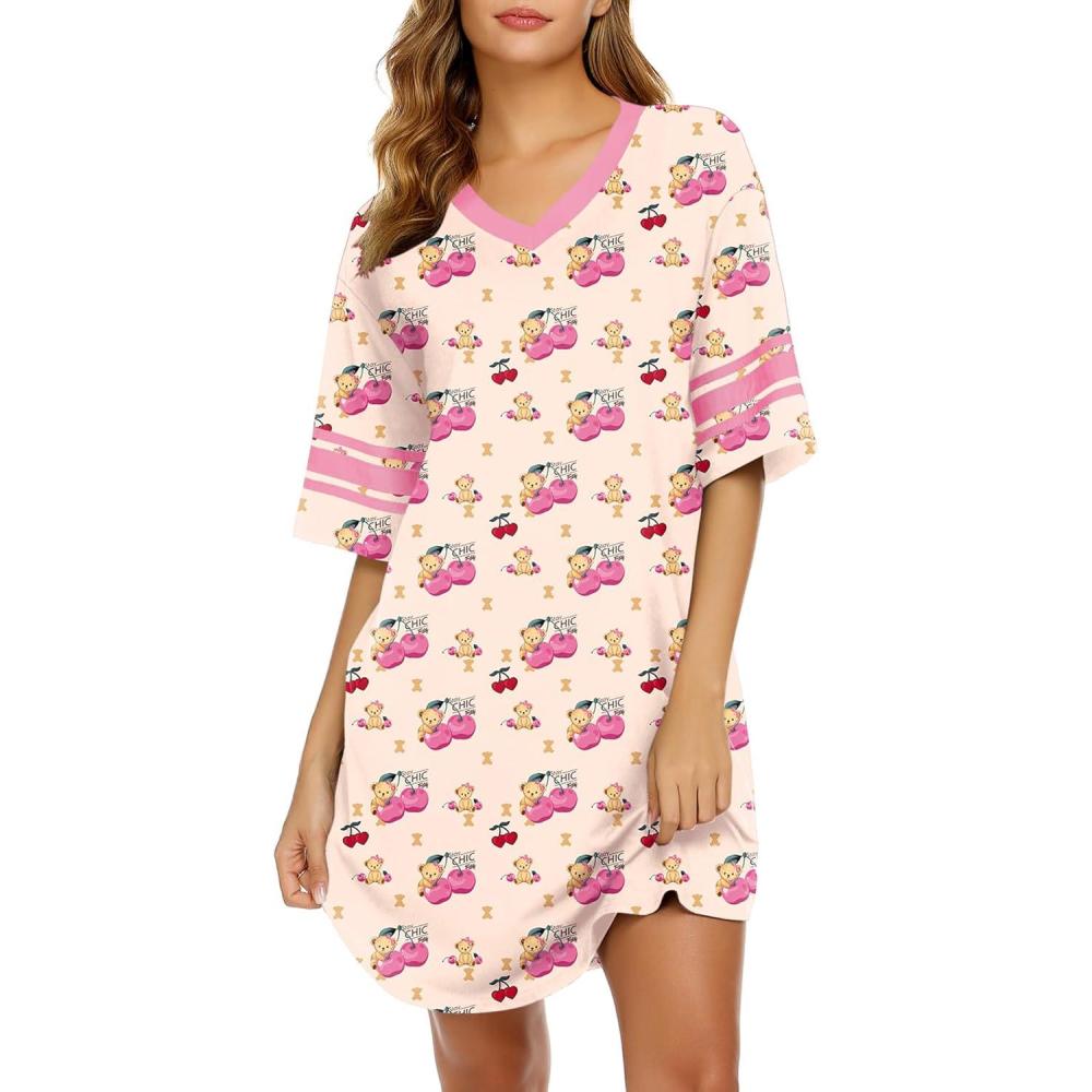 imageEkouaer Womens Nightgown Cotton Sleepwear Short Sleeve Sleep Shirt V Neck Color Block NightshirtBteddy