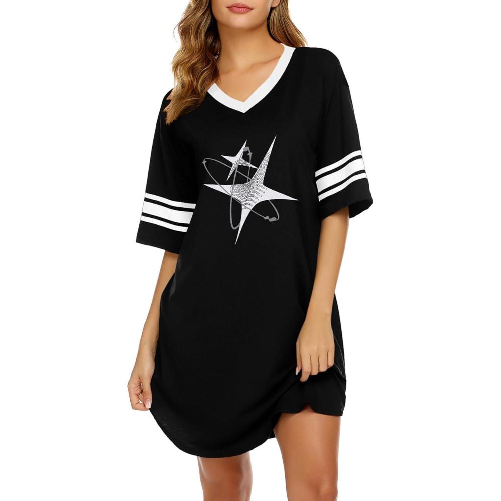 imageEkouaer Womens Nightgown Cotton Sleepwear Short Sleeve Sleep Shirt V Neck Color Block NightshirtCstar Black