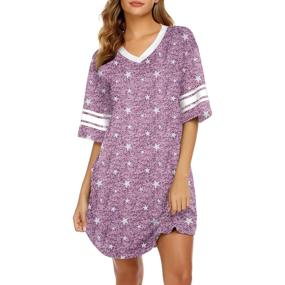 imageEkouaer Womens Nightgown Cotton Sleepwear Short Sleeve Sleep Shirt V Neck Color Block NightshirtCstars Purple