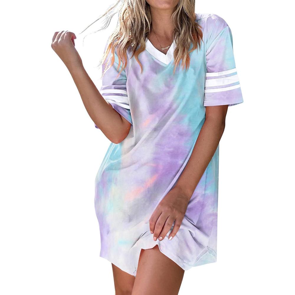 imageEkouaer Womens Nightgown Cotton Sleepwear Short Sleeve Sleep Shirt V Neck Color Block NightshirtTie Dye Purple