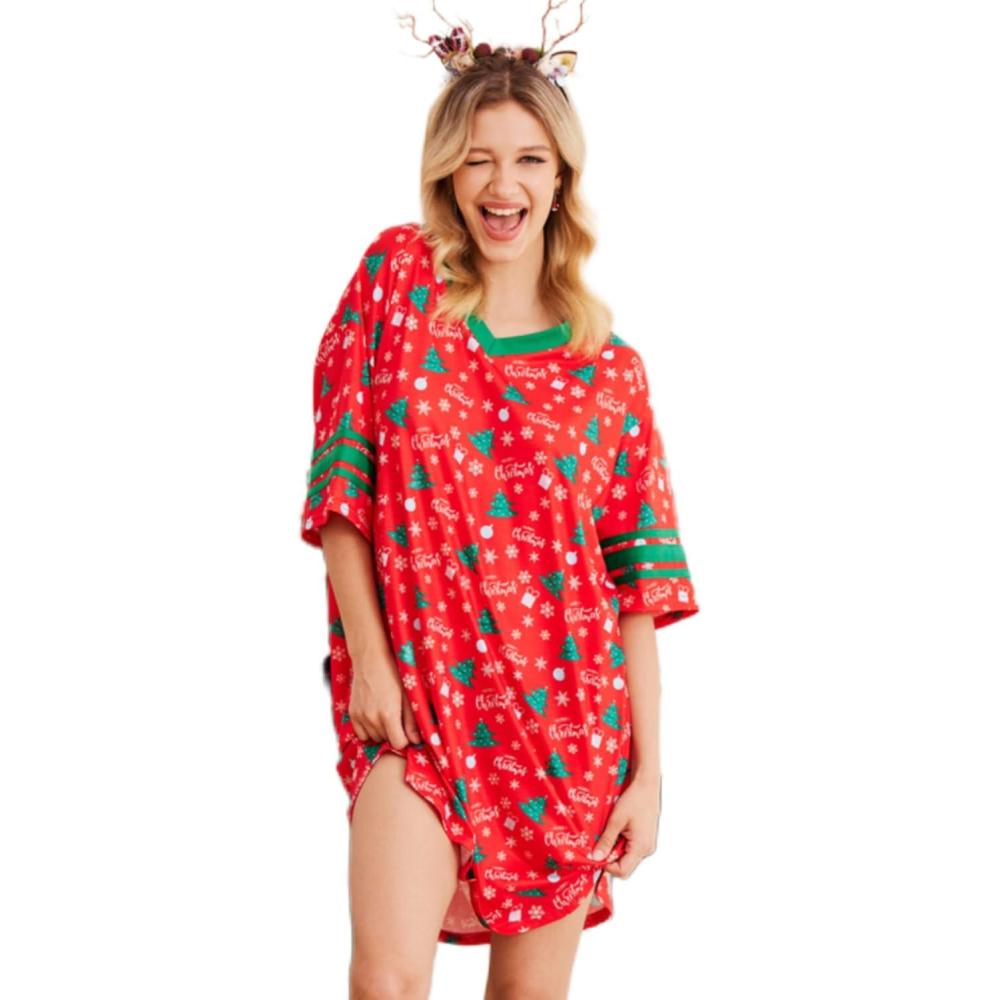 imageEkouaer Womens Nightgown Cotton Sleepwear Short Sleeve Sleep Shirt V Neck Color Block NightshirtZchristmas Red