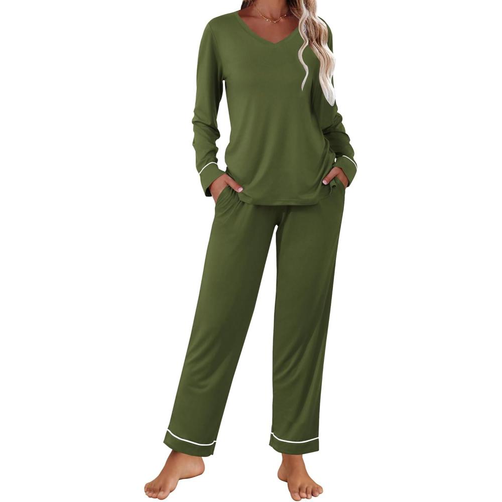 imageEkouaer Womens Pajama Sets 2 piece Lounge Sets for Women Vneck Long Sleeve Top and Elastic Waist Pants with PocketsArmy Green
