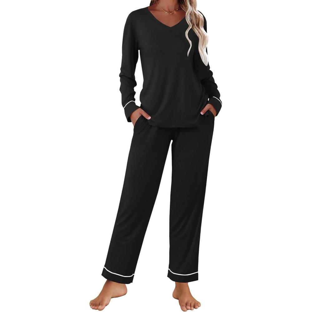imageEkouaer Womens Pajama Sets 2 piece Lounge Sets for Women Vneck Long Sleeve Top and Elastic Waist Pants with PocketsBlack