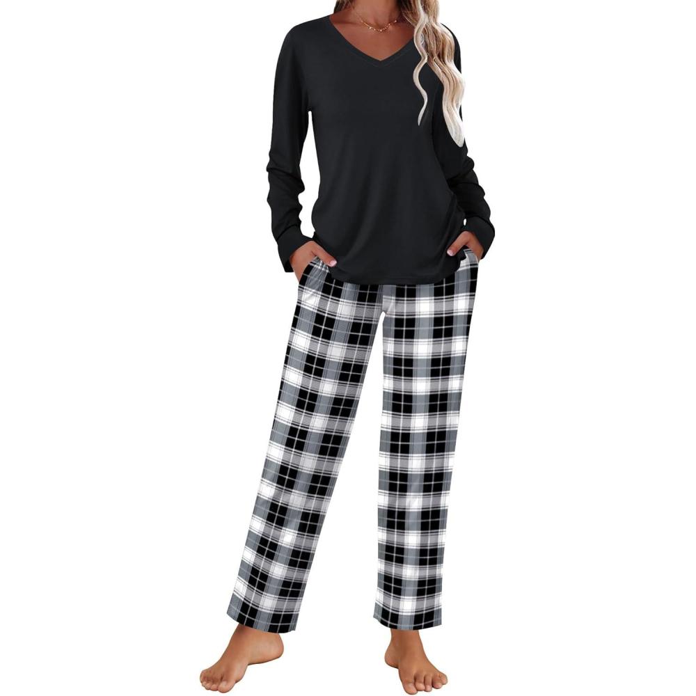 imageEkouaer Womens Pajama Sets 2 piece Lounge Sets for Women Vneck Long Sleeve Top and Elastic Waist Pants with PocketsBlack Plaid