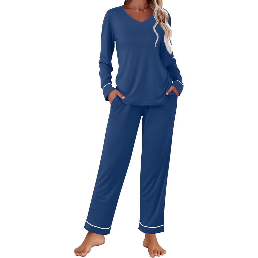 imageEkouaer Womens Pajama Sets 2 piece Lounge Sets for Women Vneck Long Sleeve Top and Elastic Waist Pants with PocketsNavy Army