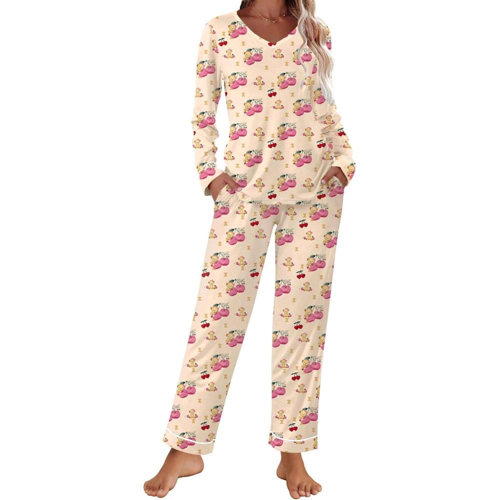 imageEkouaer Womens Pajama Sets 2 piece Lounge Sets for Women Vneck Long Sleeve Top and Elastic Waist Pants with PocketsTeddy Bear