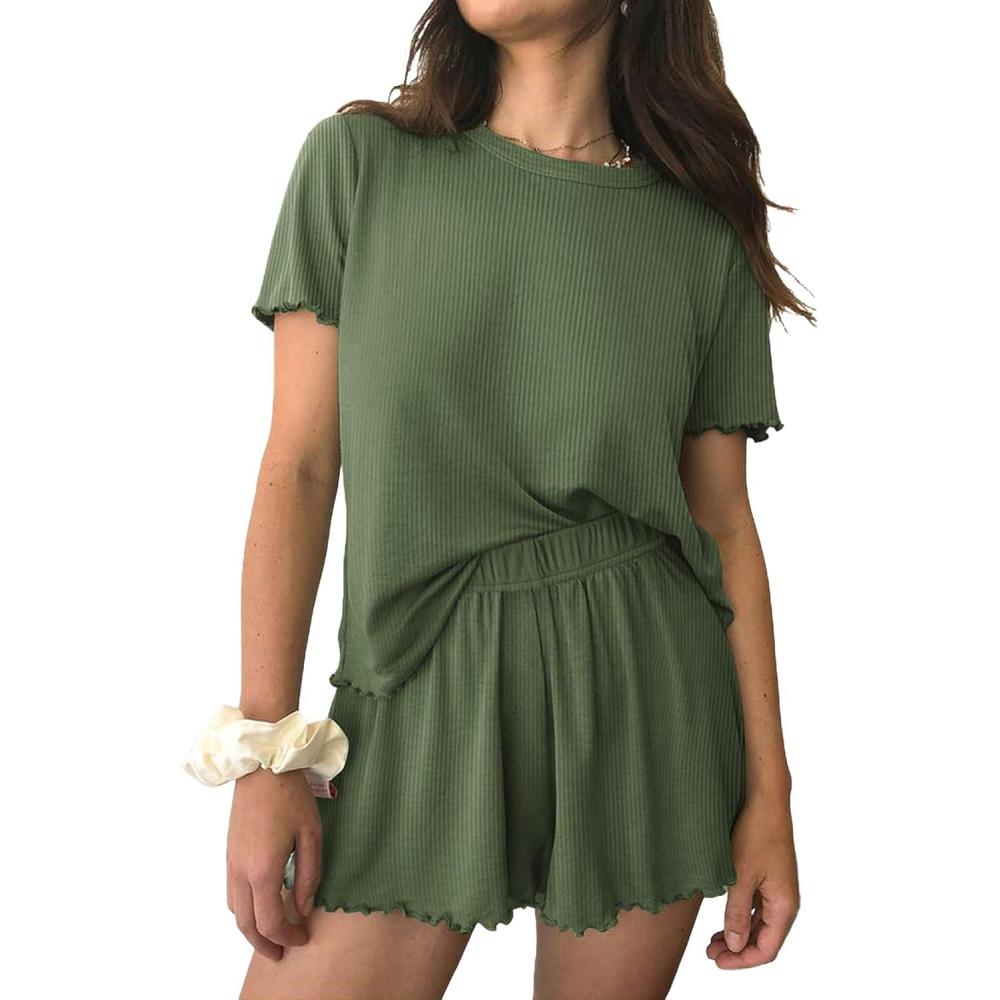 imageEkouaer Womens Pajamas 2 Piece Ribbed Knit Pjs Short Sleeve Sleepwear Set Summer Soft Pajamas Set Casual Lounge SetsArmy Green