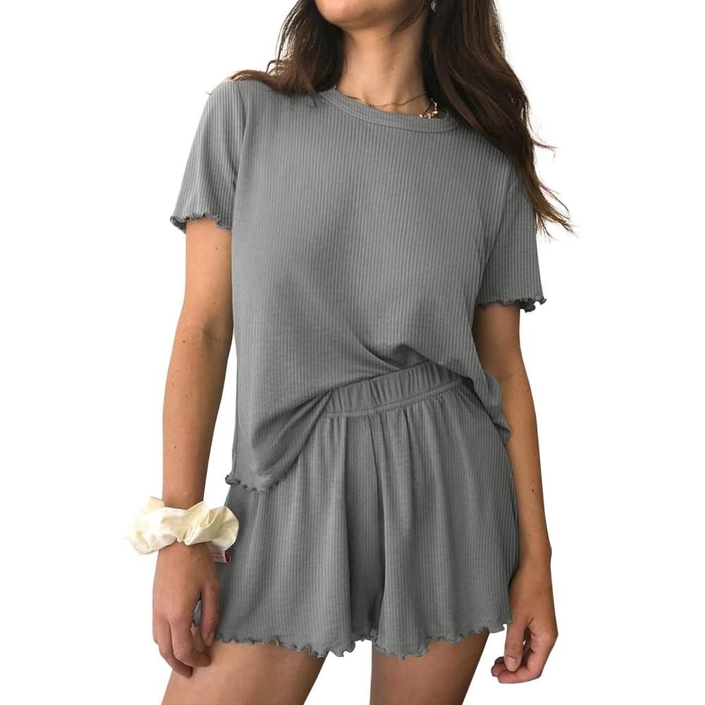 imageEkouaer Womens Pajamas 2 Piece Ribbed Knit Pjs Short Sleeve Sleepwear Set Summer Soft Pajamas Set Casual Lounge SetsGray