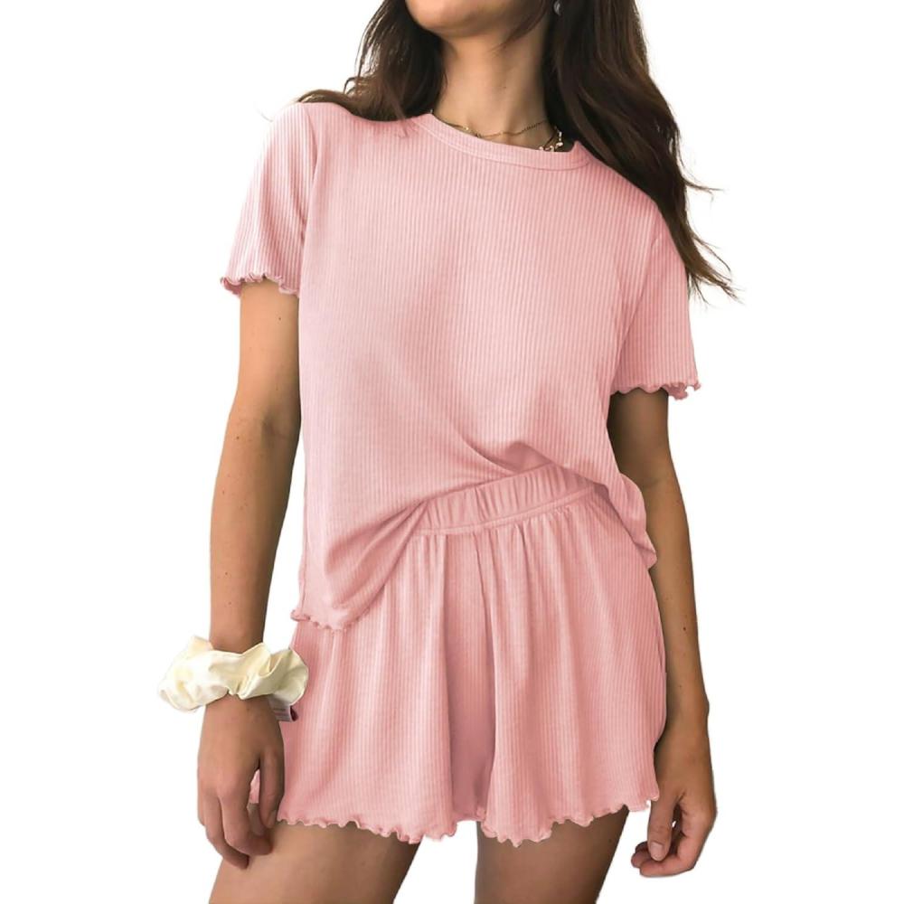 imageEkouaer Womens Pajamas 2 Piece Ribbed Knit Pjs Short Sleeve Sleepwear Set Summer Soft Pajamas Set Casual Lounge SetsLight Pink