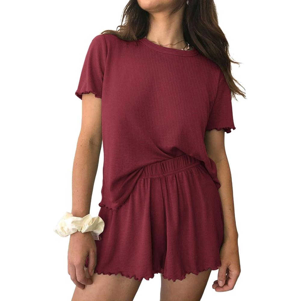 imageEkouaer Womens Pajamas 2 Piece Ribbed Knit Pjs Short Sleeve Sleepwear Set Summer Soft Pajamas Set Casual Lounge SetsWine Red
