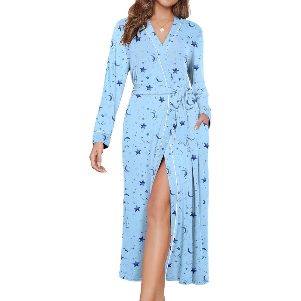 imageEkouaer Womens Robes Lightweight Soft Knit Bathrobe Full Length Sleepwear with Pockets Ladies Loungewear S3XLLight Blue Stars