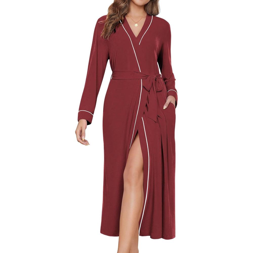 imageEkouaer Womens Robes Lightweight Soft Knit Bathrobe Full Length Sleepwear with Pockets Ladies Loungewear S3XLWine Red
