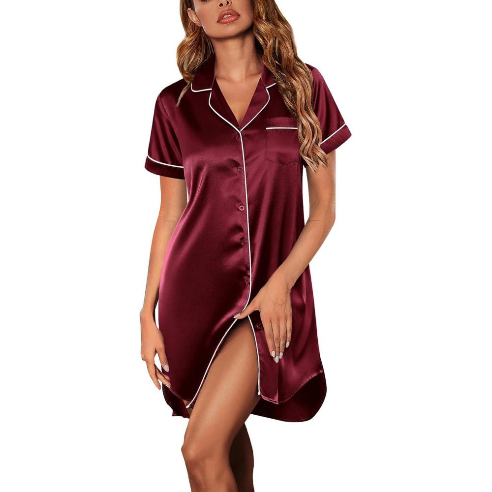 imageEkouaer Womens Satin Nightshirt Button Down Sleepshirt Silk Short Sleeve Nightgown Boyfriend Notch Collar SleepwearWine Red
