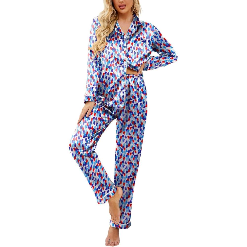imageEkouaer Womens Satin Pajama Set Classic Pattern Silky Pj Sets Button Down Sleepwear LoungewearOil Painting