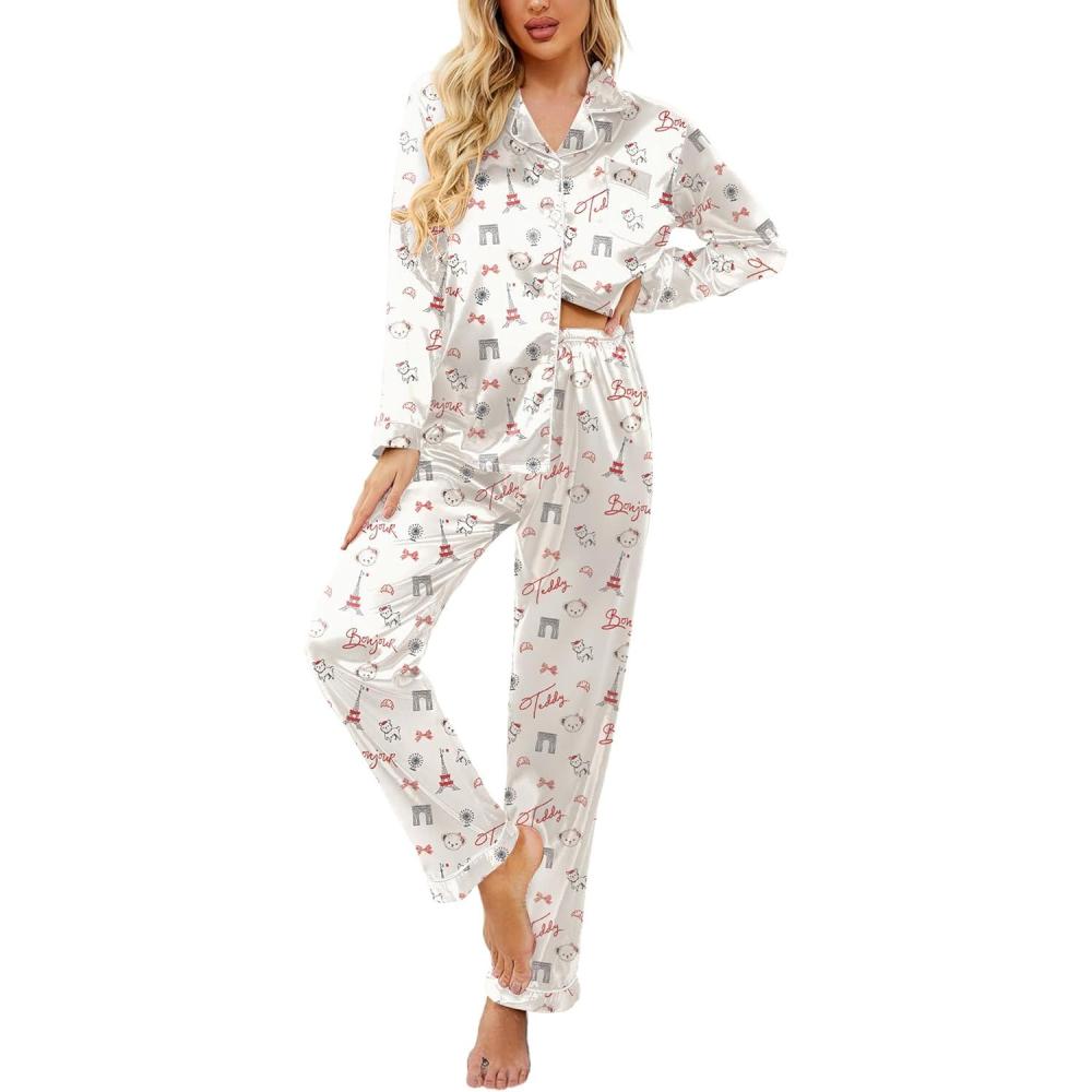 imageEkouaer Womens Satin Pajama Set Classic Pattern Silky Pj Sets Button Down Sleepwear LoungewearParis Teddy