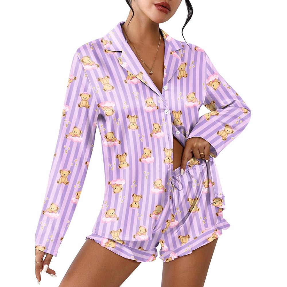 imageEkouaer Womens Satin Pajama Sets Long Sleeve Top and Shorts Lounge Set Button Down Sleepwear