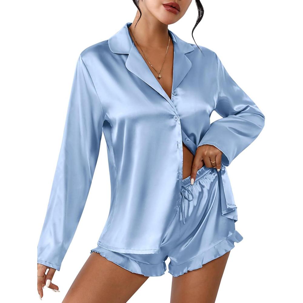 imageEkouaer Womens Satin Pajama Sets Long Sleeve Top and Shorts Lounge Set Button Down SleepwearClear Blue
