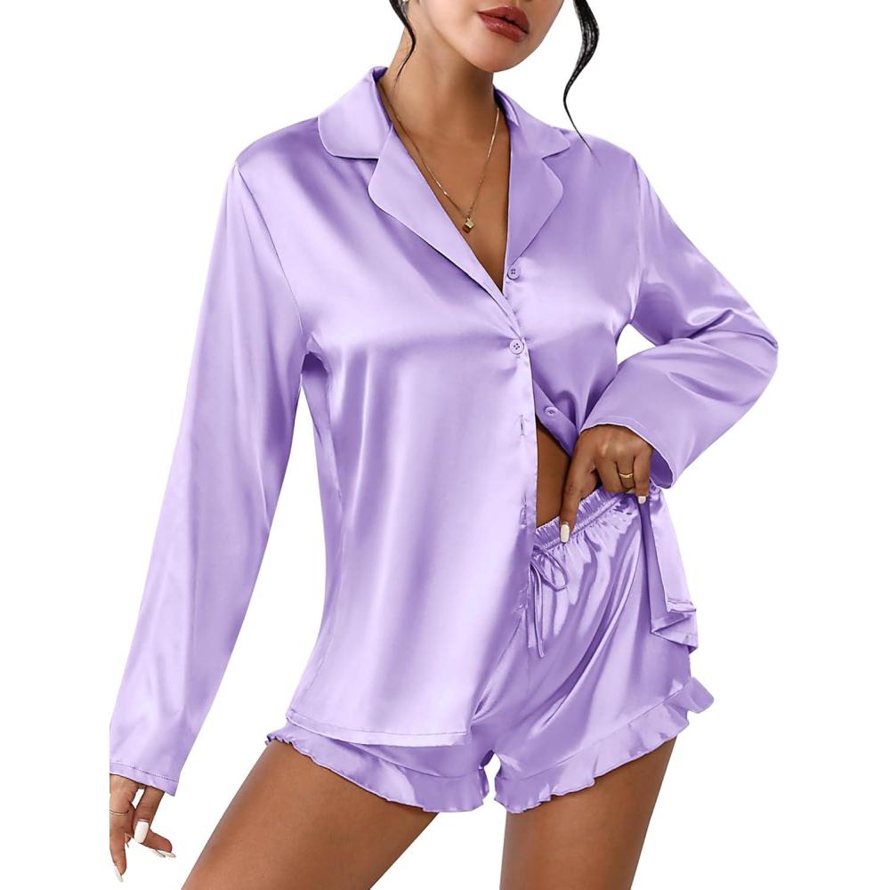 imageEkouaer Womens Satin Pajama Sets Long Sleeve Top and Shorts Lounge Set Button Down SleepwearLilac