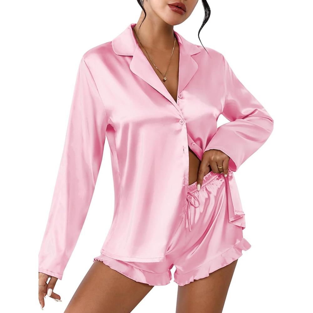 imageEkouaer Womens Satin Pajama Sets Long Sleeve Top and Shorts Lounge Set Button Down SleepwearPink