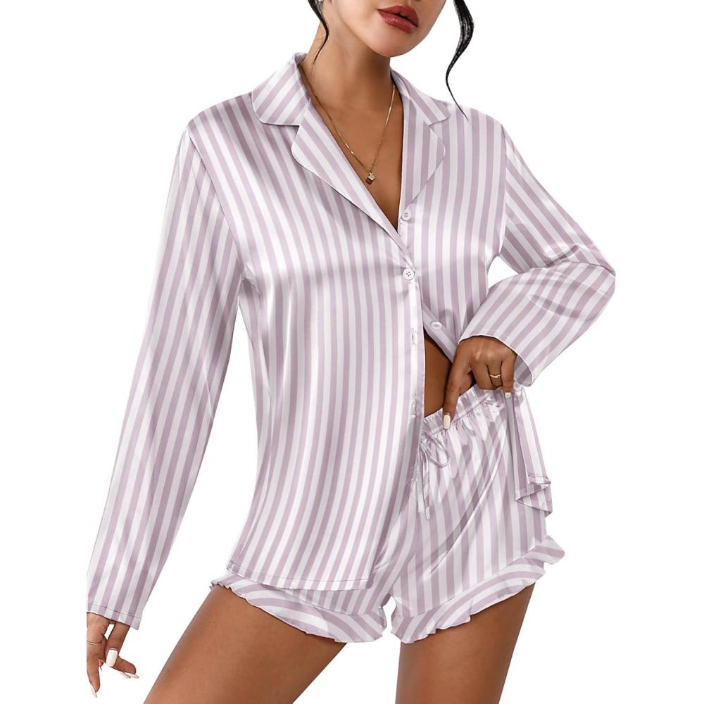 imageEkouaer Womens Satin Pajama Sets Long Sleeve Top and Shorts Lounge Set Button Down SleepwearStriped Purple