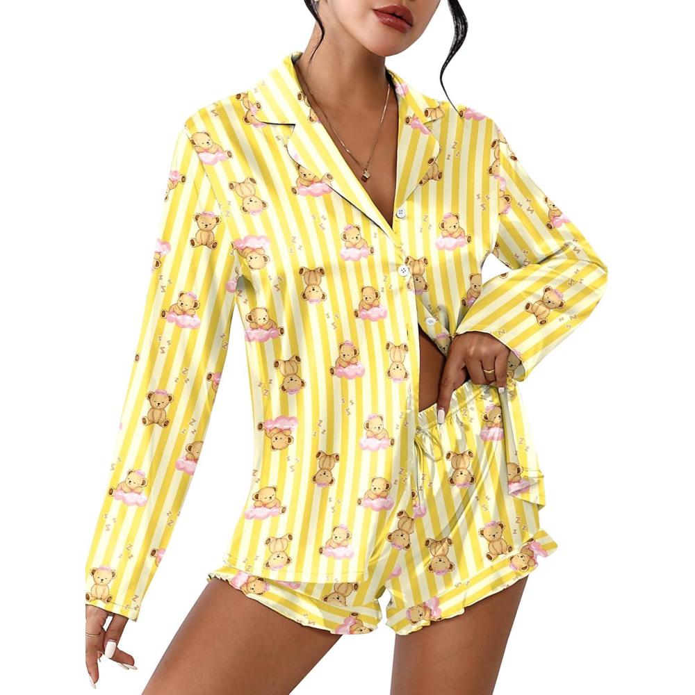 imageEkouaer Womens Satin Pajama Sets Long Sleeve Top and Shorts Lounge Set Button Down SleepwearTeddy Yellow