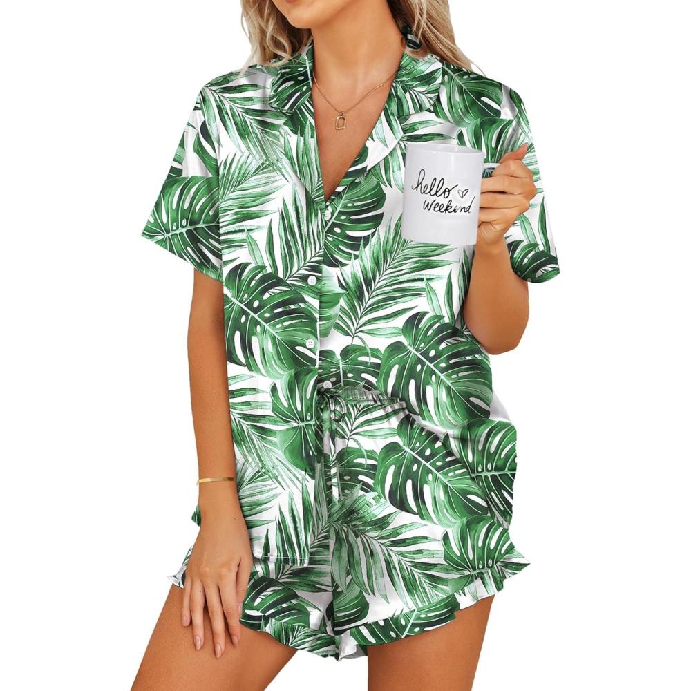 imageEkouaer Womens Satin Pajamas Set Button Down 2 Piece Silk Pjs Shorts Set Ruffle Lingerie Notch Collar SleepwearGreen Leaf