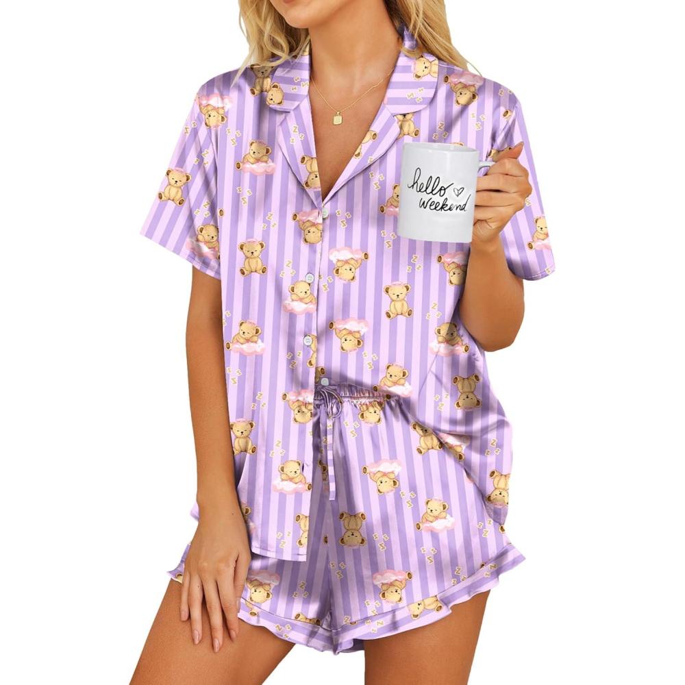 imageEkouaer Womens Satin Pajamas Set Button Down 2 Piece Silk Pjs Shorts Set Ruffle Lingerie Notch Collar SleepwearTeddy Bearstriped Purple