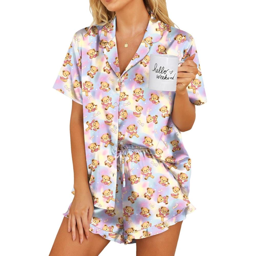 imageEkouaer Womens Satin Pajamas Set Button Down 2 Piece Silk Pjs Shorts Set Ruffle Lingerie Notch Collar SleepwearTeddy Beartiedye