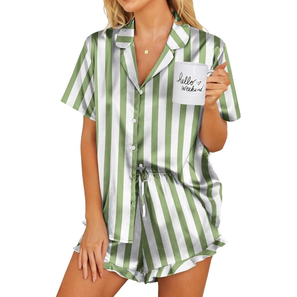 imageEkouaer Womens Satin Pajamas Set Button Down 2 Piece Silk Pjs Shorts Set Ruffle Lingerie Notch Collar SleepwearThick Striped Green