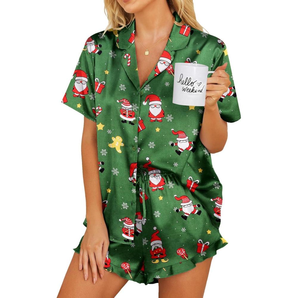 imageEkouaer Womens Satin Pajamas Set Button Down 2 Piece Silk Pjs Shorts Set Ruffle Lingerie Notch Collar SleepwearZchristmas Green
