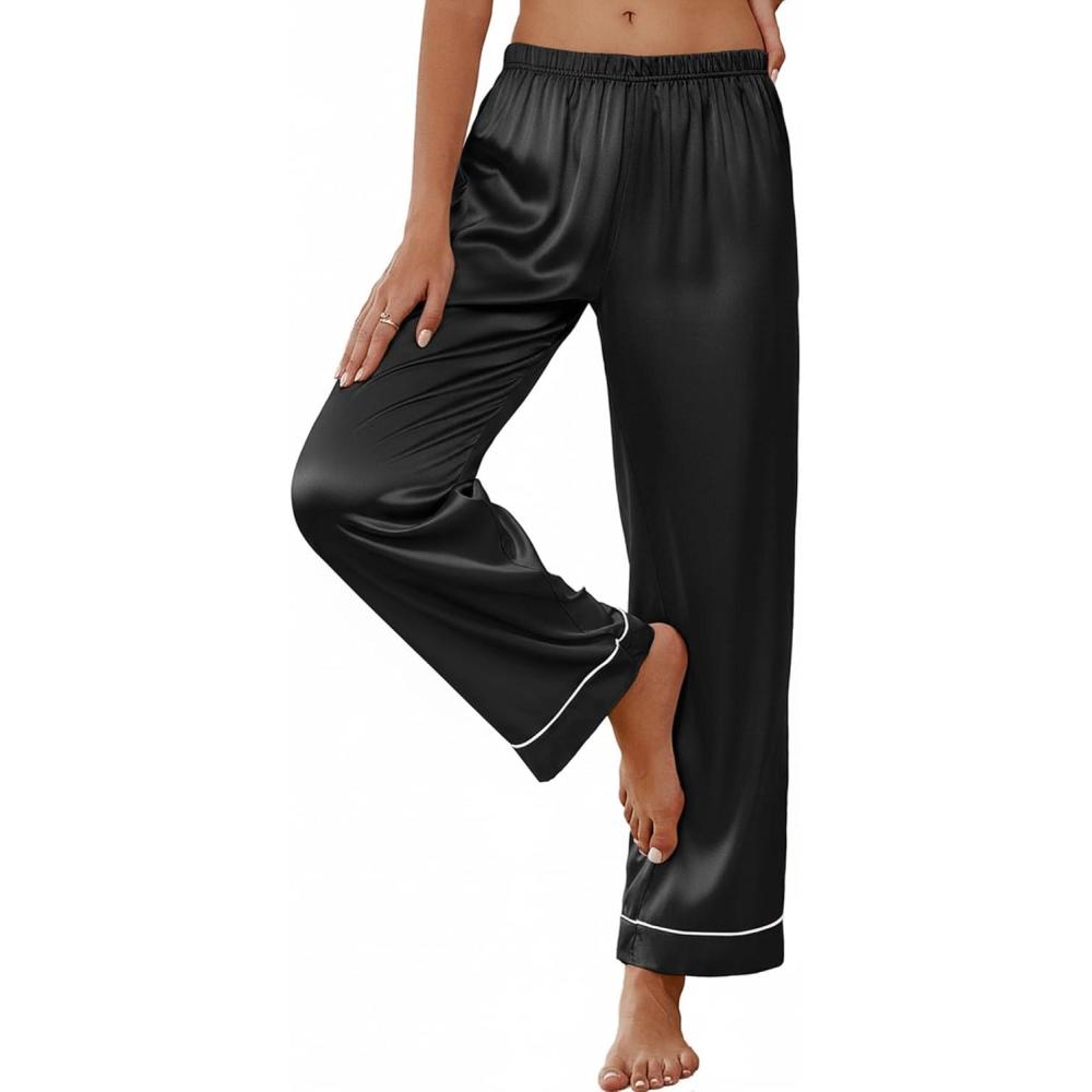 imageEkouaer Womens Silk Satin Pajama Pants Soft Loose Lounge Pants Lightweight Elastic Waist Wide Leg Pj Bottoms with PocketsBlack