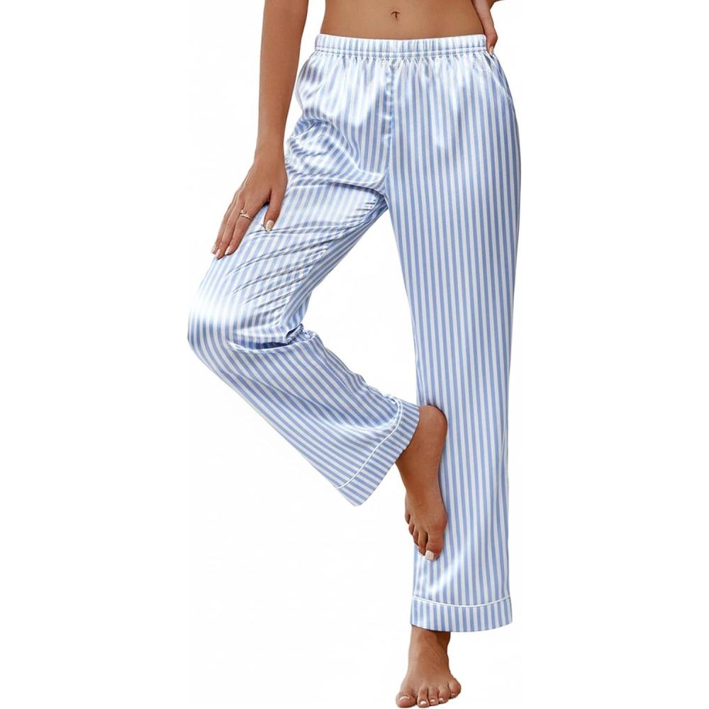 imageEkouaer Womens Silk Satin Pajama Pants Soft Loose Lounge Pants Lightweight Elastic Waist Wide Leg Pj Bottoms with PocketsBlue Stripes