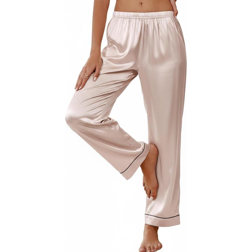 imageEkouaer Womens Silk Satin Pajama Pants Soft Loose Lounge Pants Lightweight Elastic Waist Wide Leg Pj Bottoms with PocketsChampagne