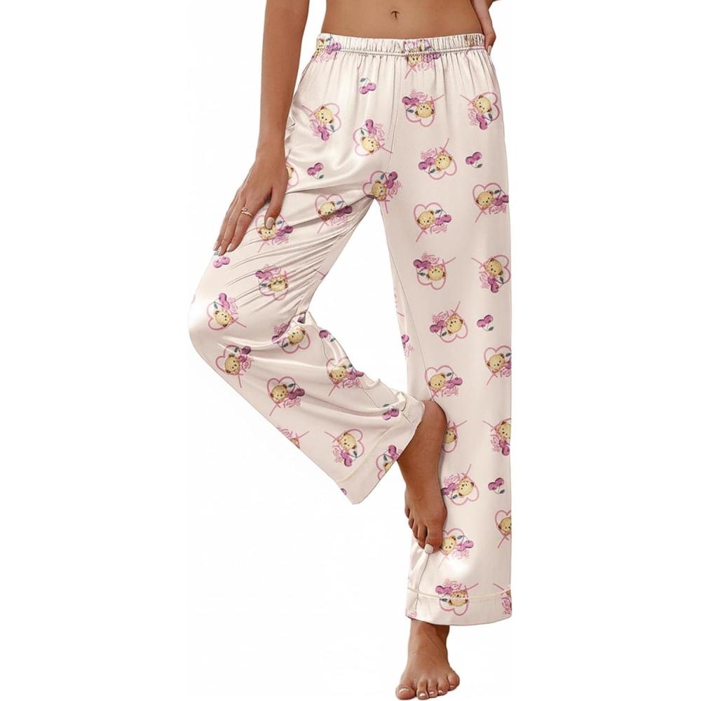 imageEkouaer Womens Silk Satin Pajama Pants Soft Loose Lounge Pants Lightweight Elastic Waist Wide Leg Pj Bottoms with PocketsChampagne Love Teddy