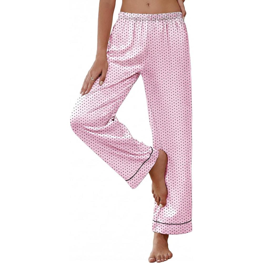 imageEkouaer Womens Silk Satin Pajama Pants Soft Loose Lounge Pants Lightweight Elastic Waist Wide Leg Pj Bottoms with PocketsPink Dots
