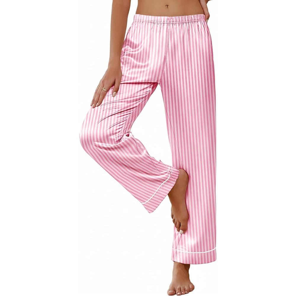 imageEkouaer Womens Silk Satin Pajama Pants Soft Loose Lounge Pants Lightweight Elastic Waist Wide Leg Pj Bottoms with PocketsPink Stripes