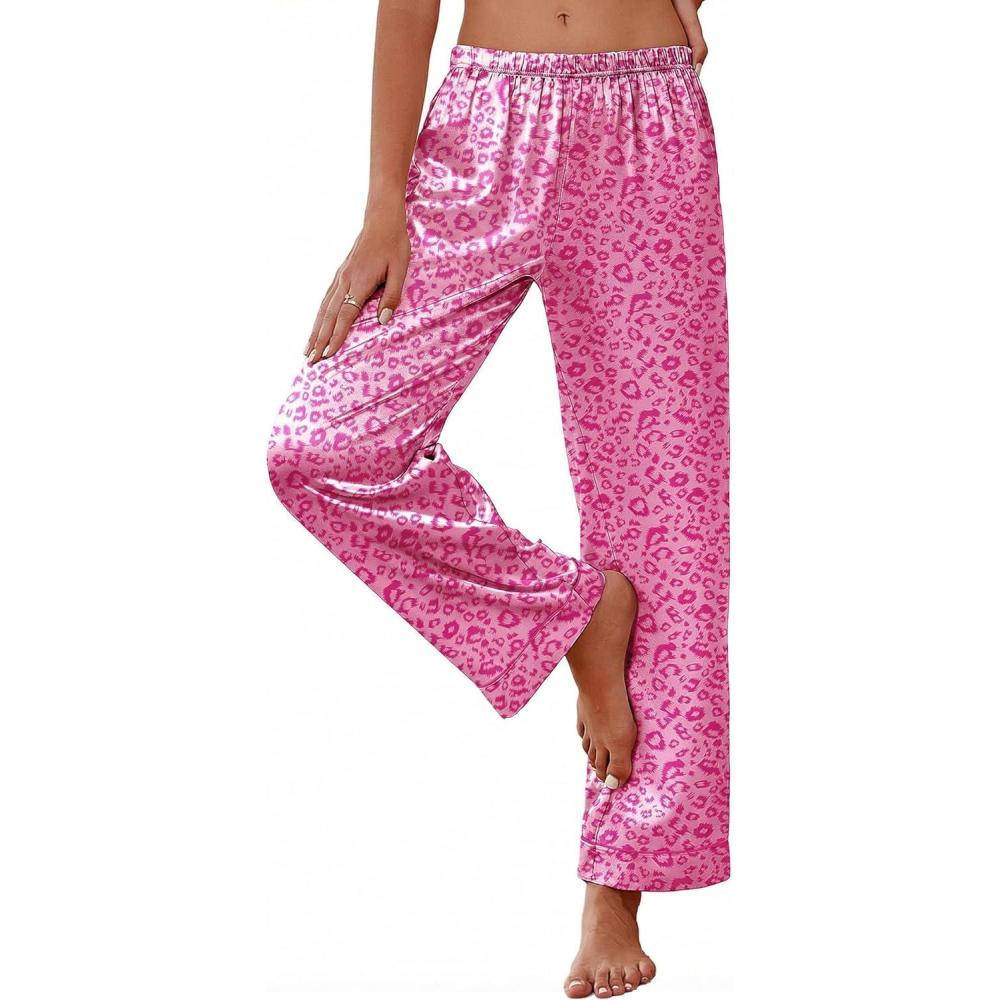 imageEkouaer Womens Silk Satin Pajama Pants Soft Loose Lounge Pants Lightweight Elastic Waist Wide Leg Pj Bottoms with PocketsRose Leopard