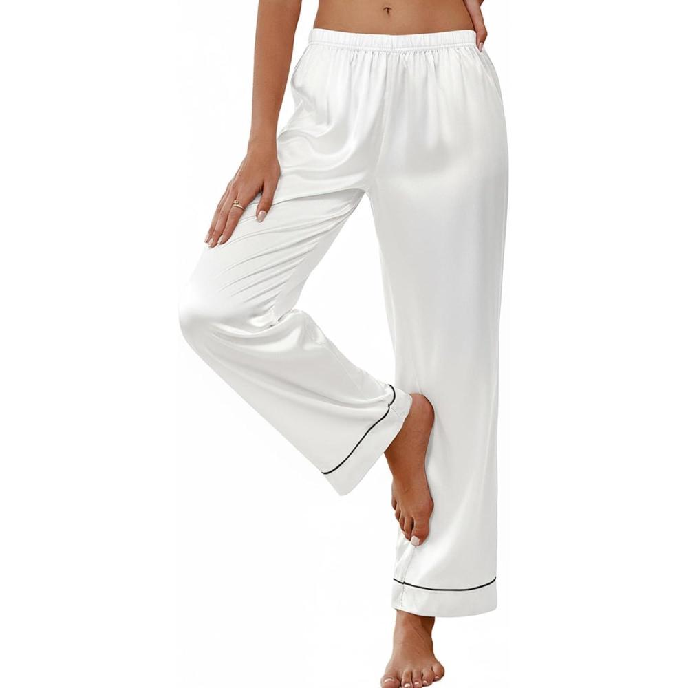 imageEkouaer Womens Silk Satin Pajama Pants Soft Loose Lounge Pants Lightweight Elastic Waist Wide Leg Pj Bottoms with PocketsWhite