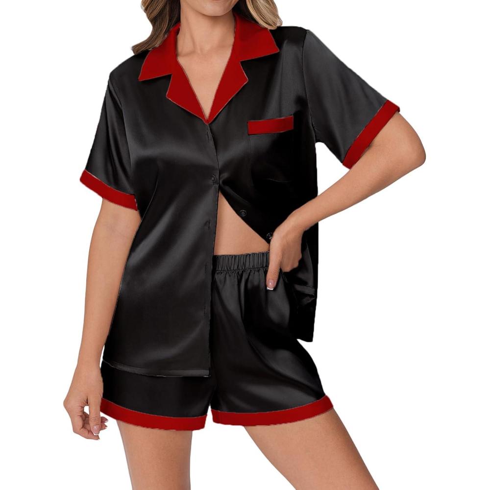 imageEkouaer Womens Silk Satin Pajamas Set Animals Print Pjs Button Down Short Sleeve Lounge Set 2 Piece SleepwearBlack and Red