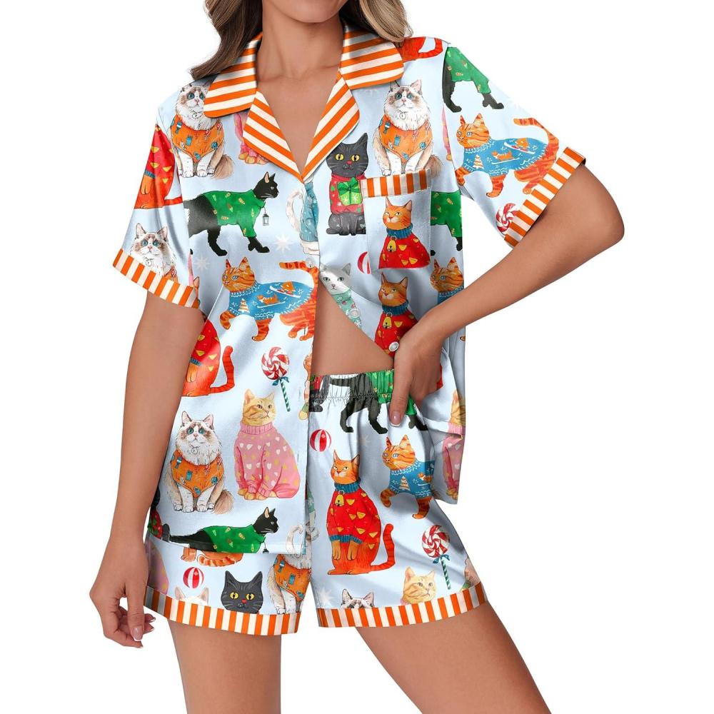 imageEkouaer Womens Silk Satin Pajamas Set Animals Print Pjs Button Down Short Sleeve Lounge Set 2 Piece SleepwearBlue Cat