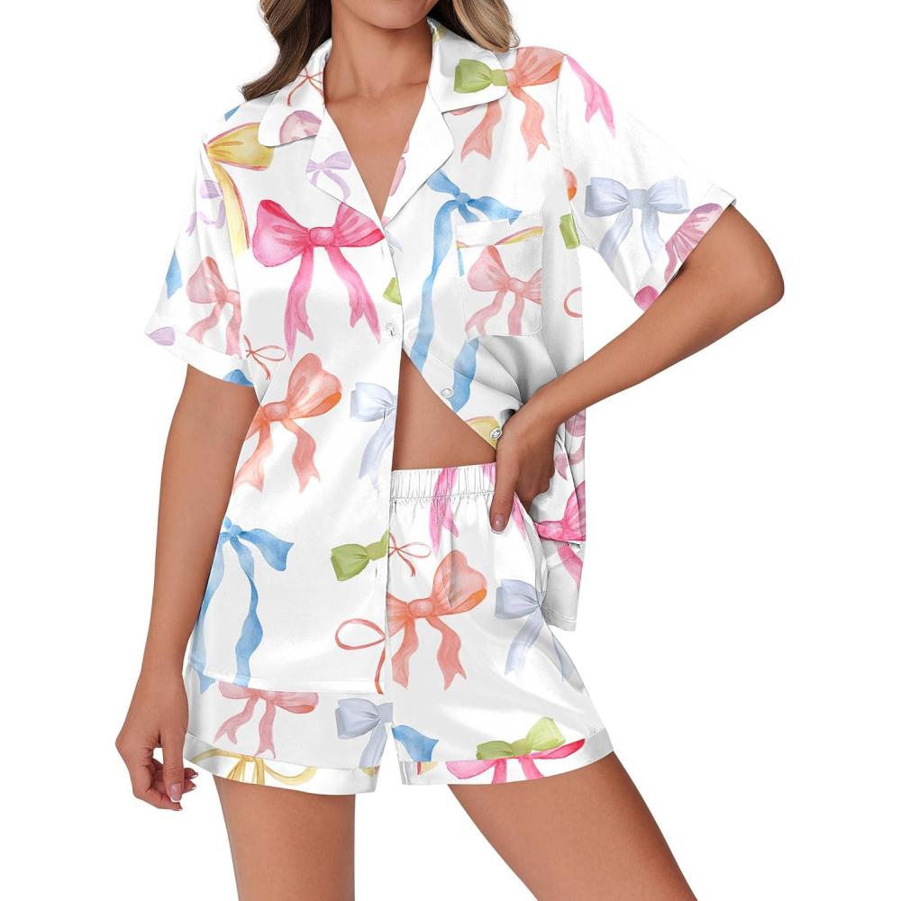imageEkouaer Womens Silk Satin Pajamas Set Animals Print Pjs Button Down Short Sleeve Lounge Set 2 Piece SleepwearBowknot